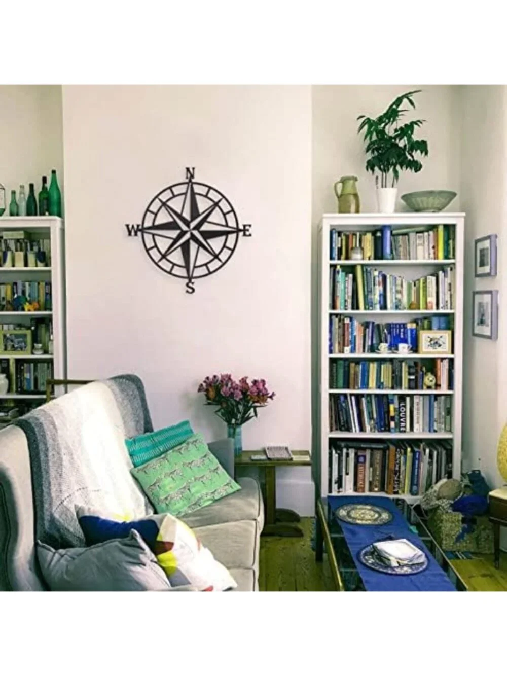 Nautical Compass Wall Decor - Black Metal Indoor/Outdoor Art for Beach Vibes
